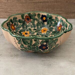 Talavera Handpainted Green Yellow Serving 10" Bowl Scallop Edge Handmade Mexico